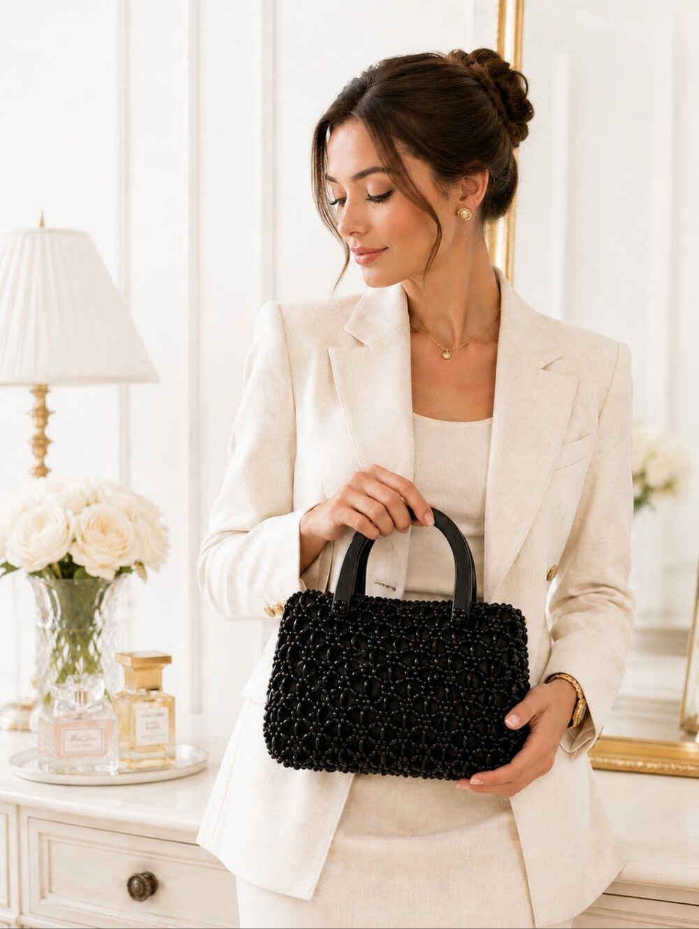 Black Beaded Top Handle Purse | Evening Bag Cocktail Party Wedding Glam